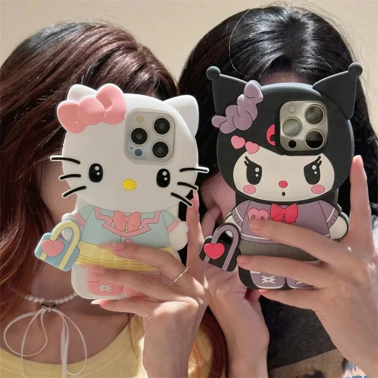 3D Hello Kitty and Kuromi iPhone Case Soft Silicone Kawaii Cover