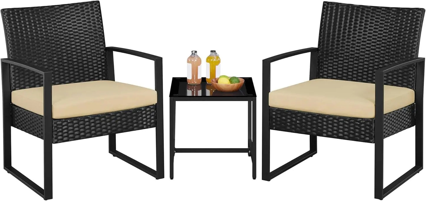 3 Piece Wicker Patio Set with Cushioned Chairs