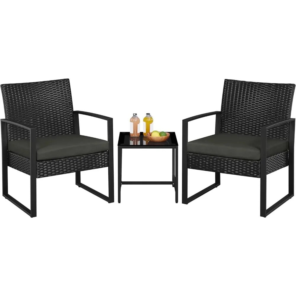 3 Piece Wicker Patio Set with Cushioned Chairs