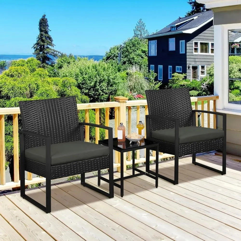 3 Piece Wicker Patio Set with Cushioned Chairs