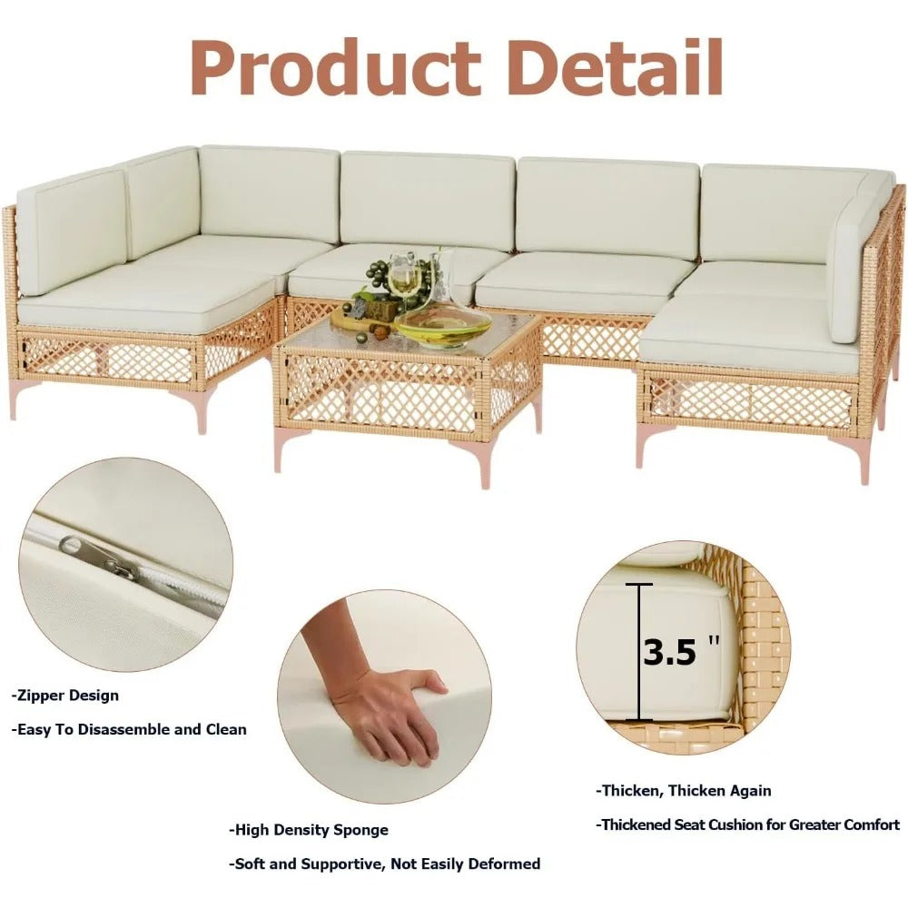 7 Piece Wicker Outdoor Patio Furniture Set with Cushions and Glass Table