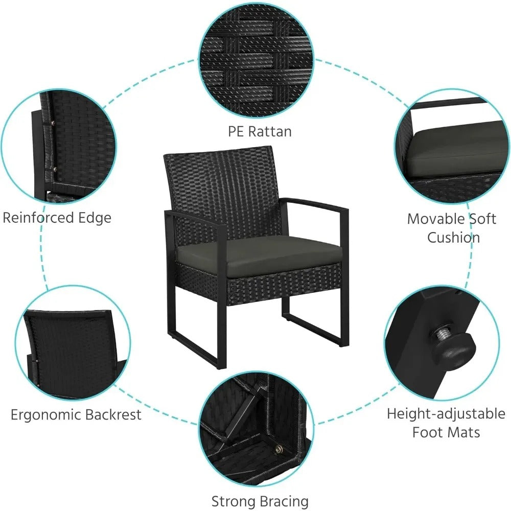 3 Piece Wicker Patio Set with Cushioned Chairs