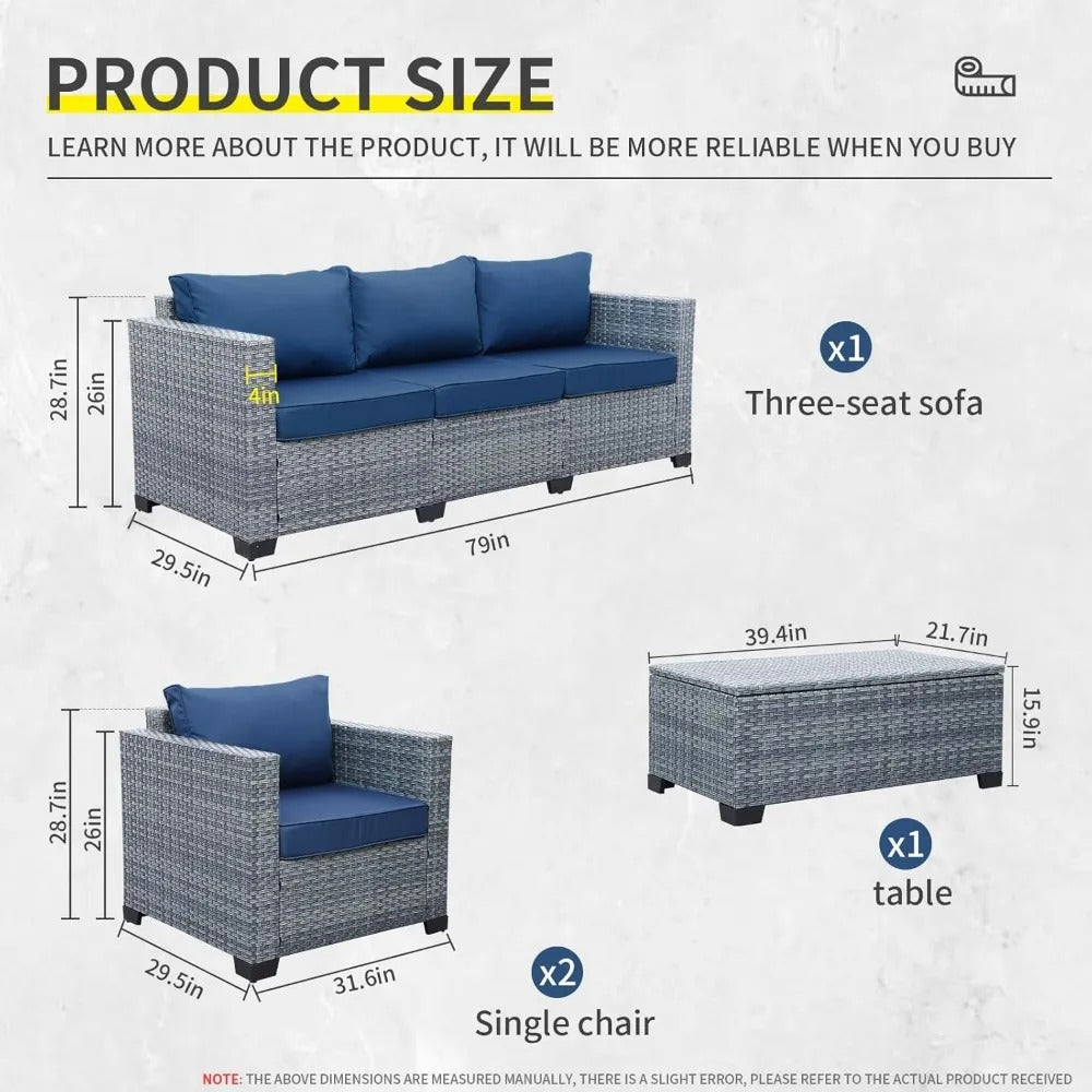 4 Piece Outdoor Furniture Set with PE Rattan Sofa and Storage Table