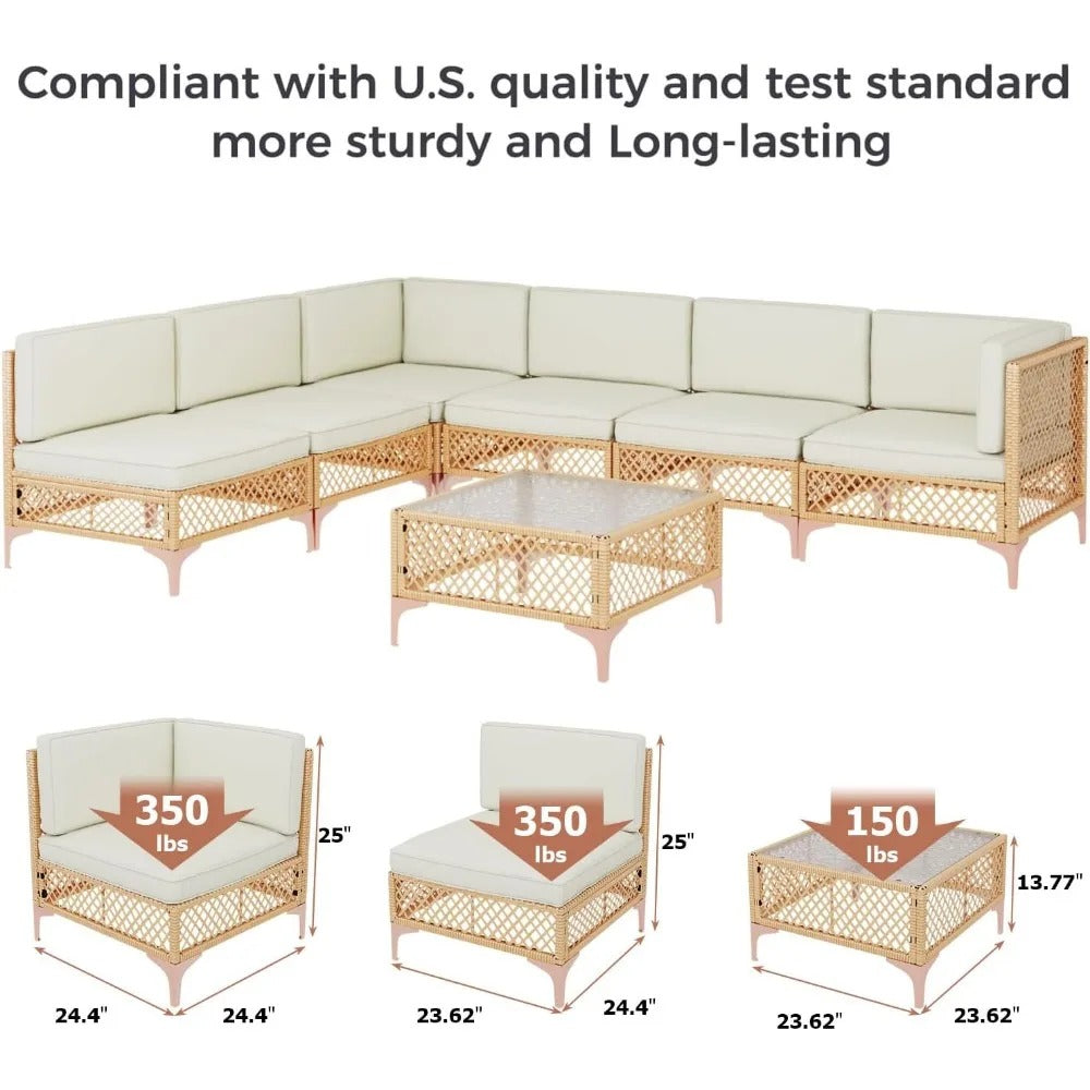 7 Piece Wicker Outdoor Patio Furniture Set with Cushions and Glass Table