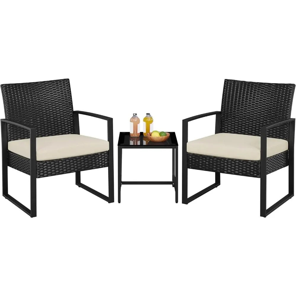 3 Piece Wicker Patio Set with Cushioned Chairs