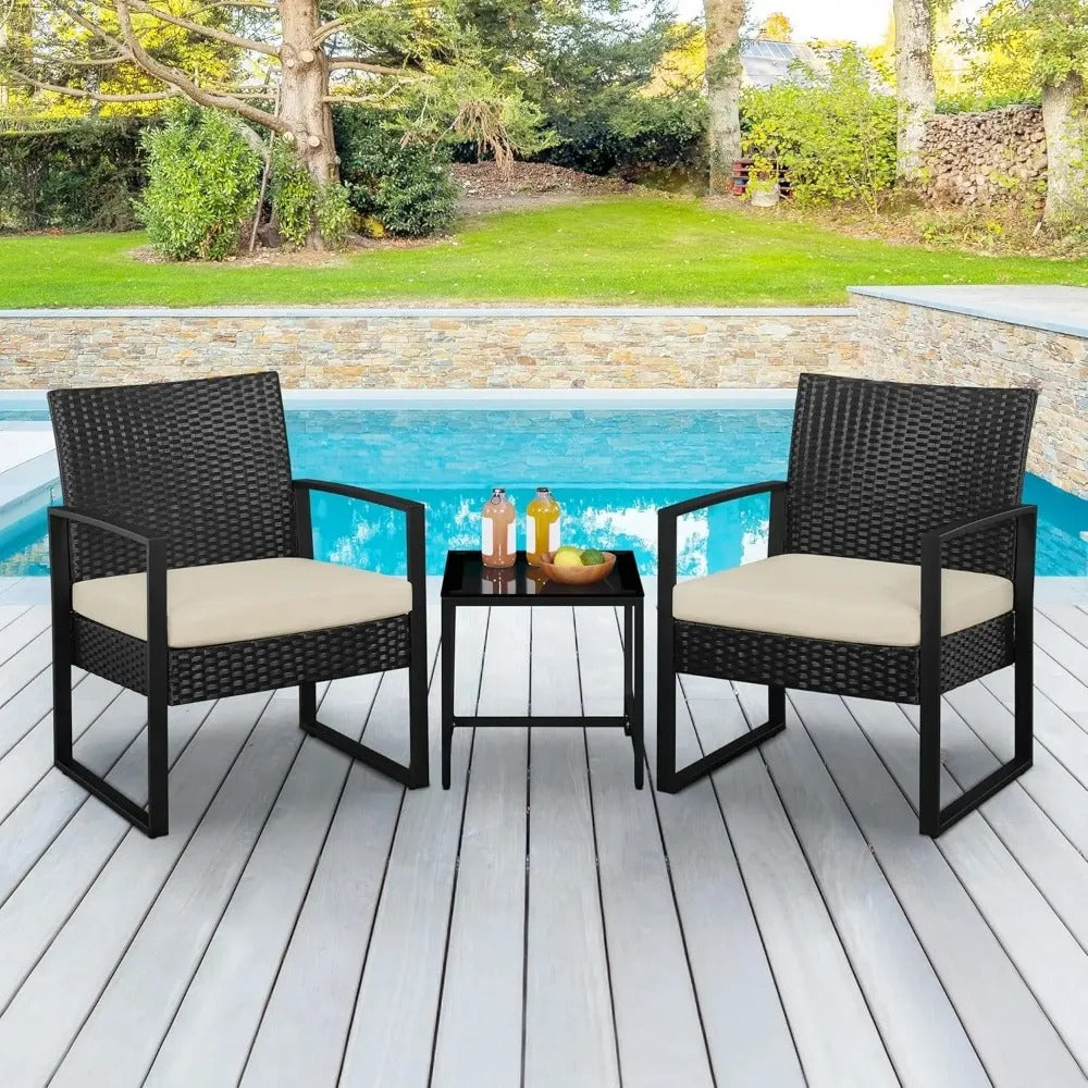 3 Piece Wicker Patio Set with Cushioned Chairs