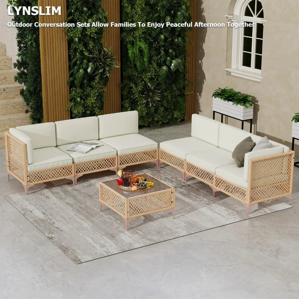 7 Piece Wicker Outdoor Patio Furniture Set with Cushions and Glass Table