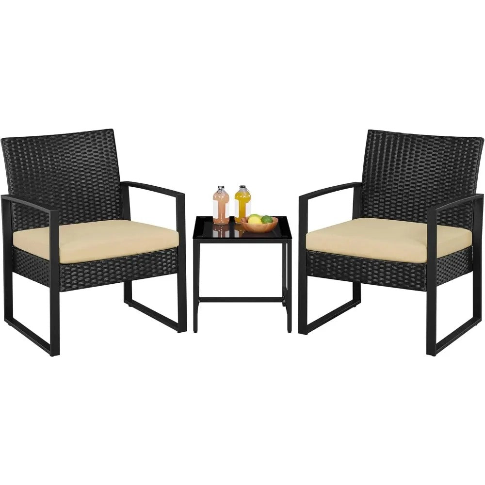 3 Piece Wicker Patio Set with Cushioned Chairs