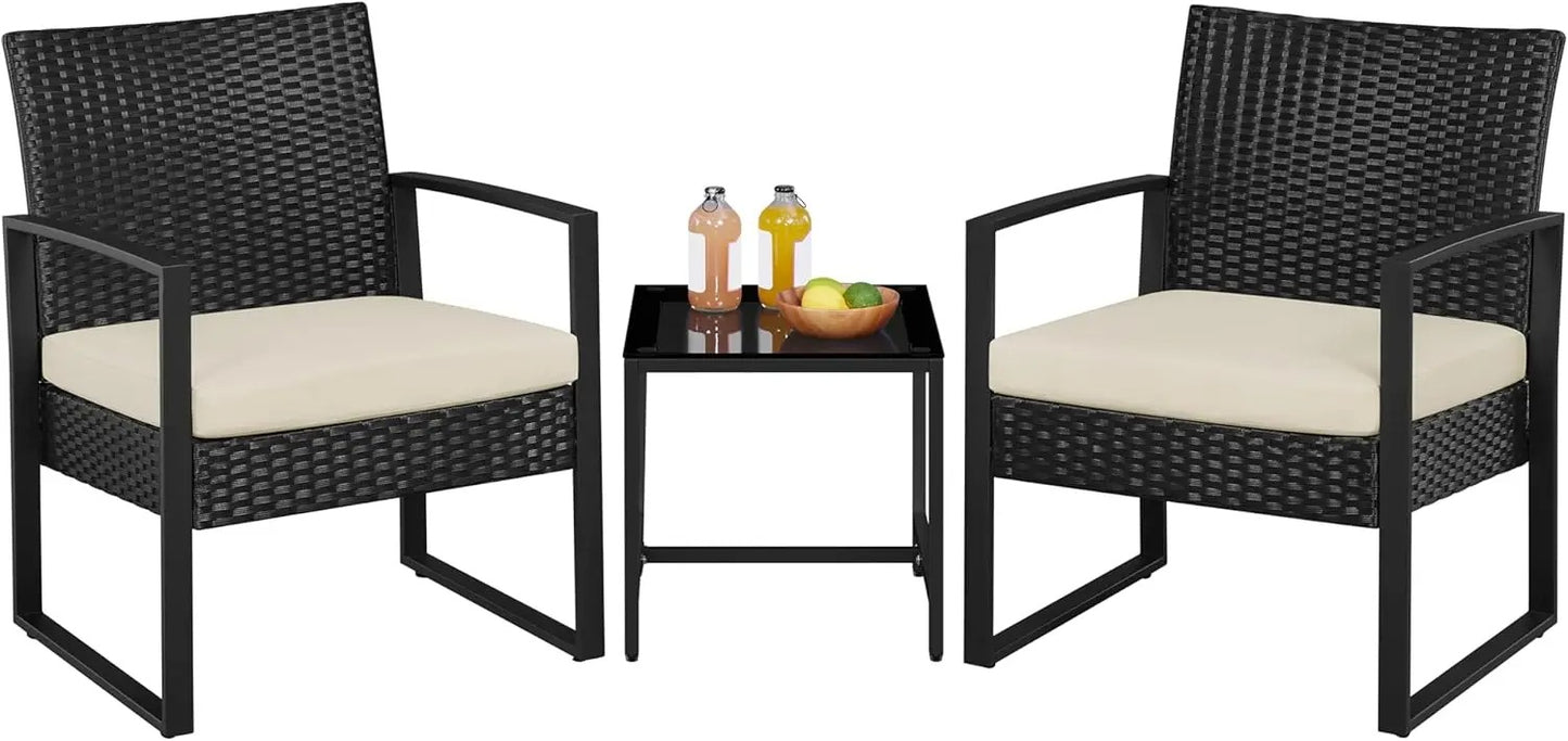 3 Piece Wicker Patio Set with Cushioned Chairs