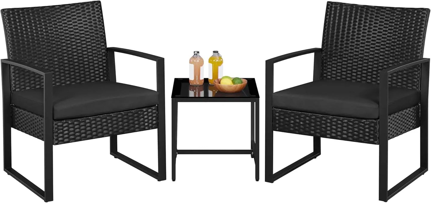 3 Piece Wicker Patio Set with Cushioned Chairs