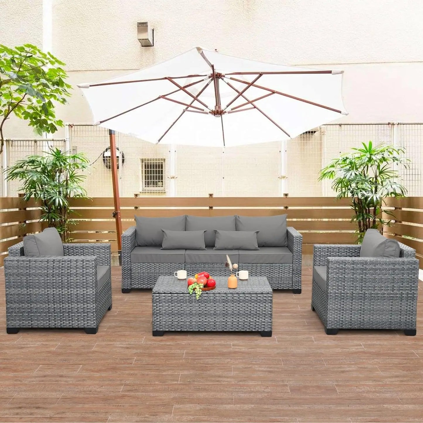 4 Piece Outdoor Furniture Set with PE Rattan Sofa and Storage Table