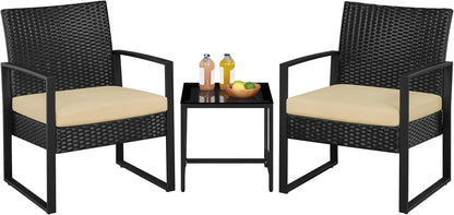 3 Piece Wicker Patio Set with Cushioned Chairs