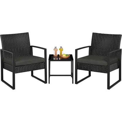 3 Piece Wicker Patio Set with Cushioned Chairs