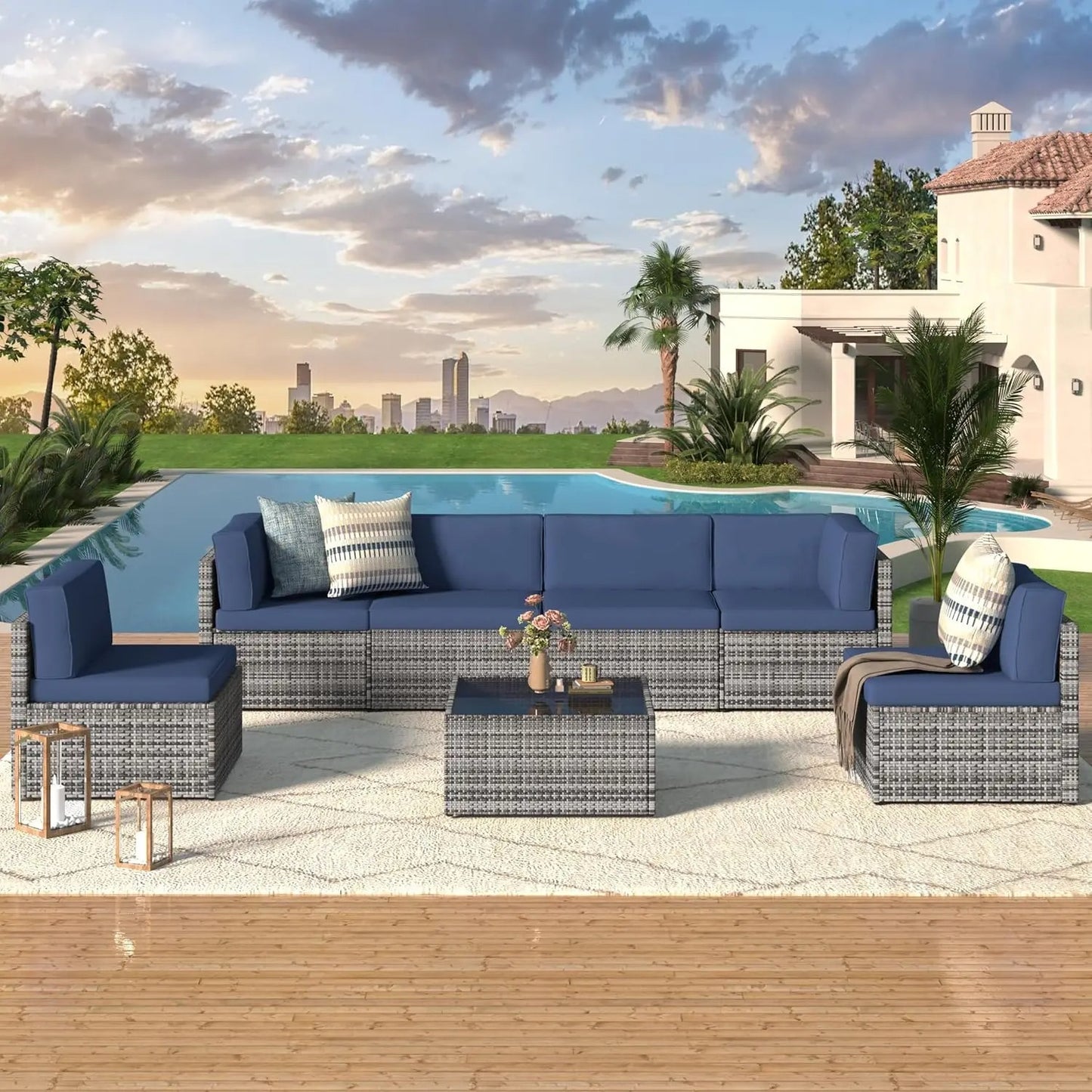7 Piece PE Rattan Patio Furniture Set with Cushions and Table