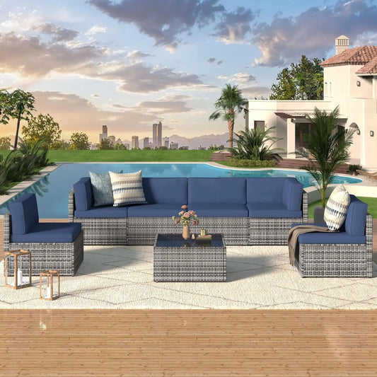7 Piece PE Rattan Patio Furniture Set with Cushions and Table