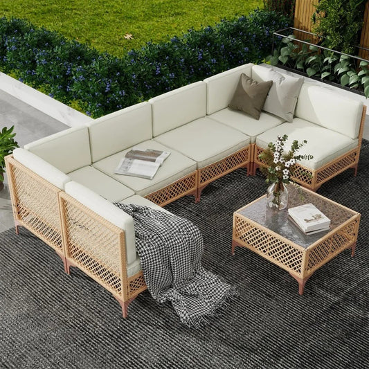 7 Piece Wicker Outdoor Patio Furniture Set with Cushions and Glass Table