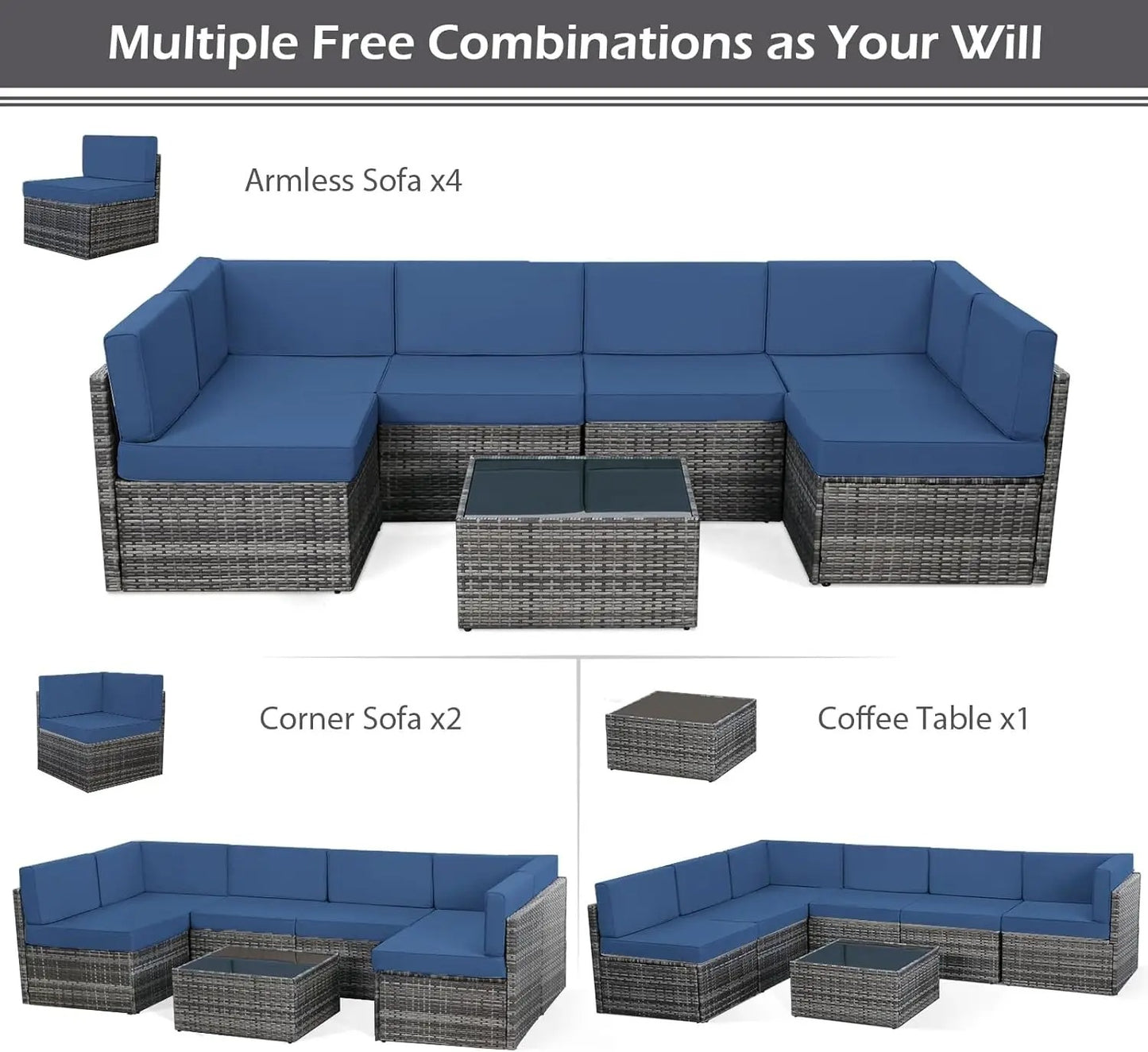 7 Piece PE Rattan Patio Furniture Set with Cushions and Table
