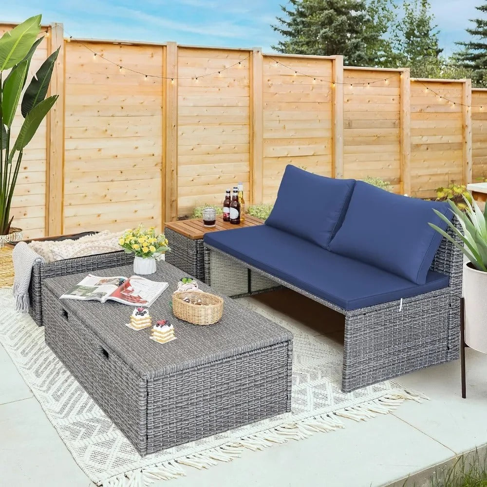 Wicker Outdoor Daybed with Storage and Side Tables