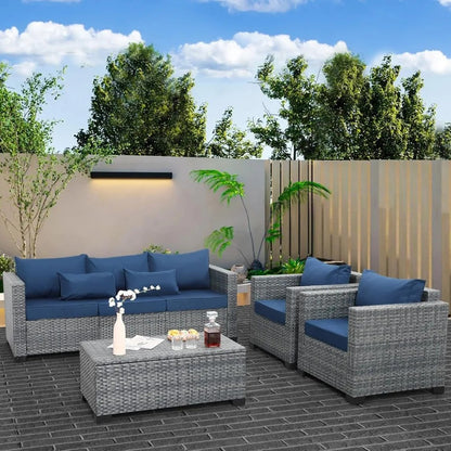 4 Piece Outdoor Furniture Set with PE Rattan Sofa and Storage Table