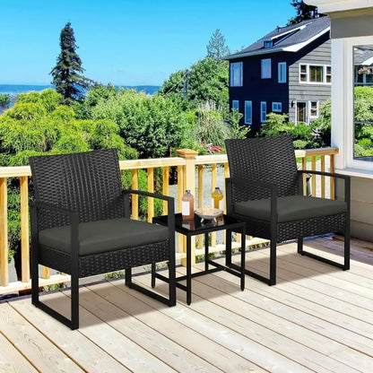 3 Piece Wicker Patio Set with Cushioned Chairs