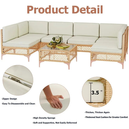 7 Piece Wicker Outdoor Patio Furniture Set with Cushions and Glass Table
