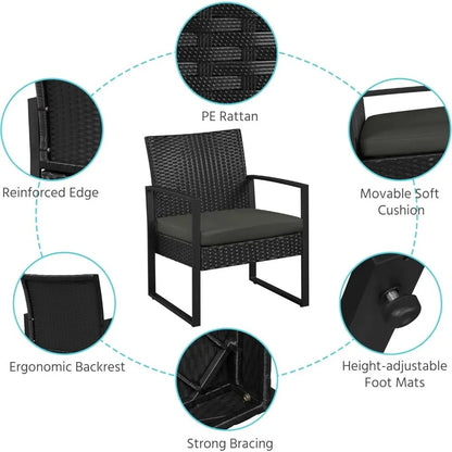 3 Piece Wicker Patio Set with Cushioned Chairs