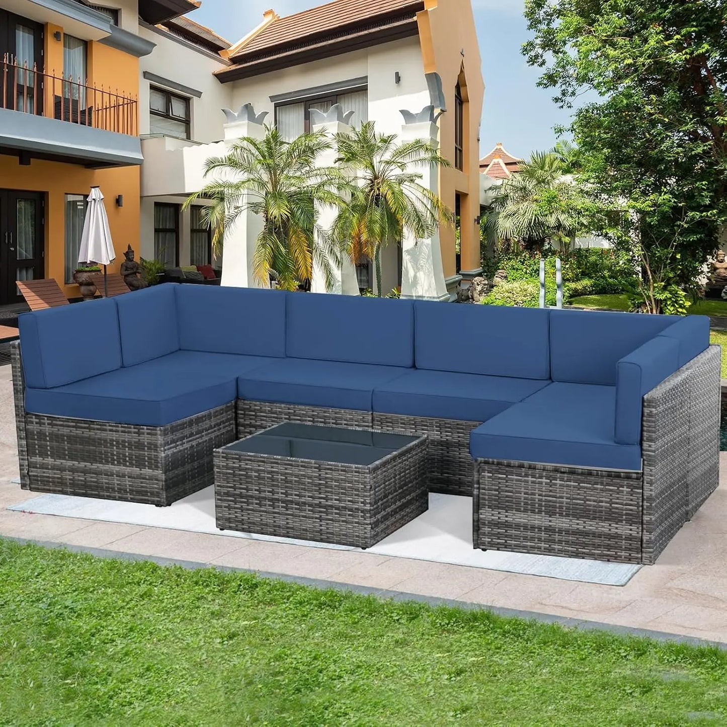 7 Piece PE Rattan Patio Furniture Set with Cushions and Table