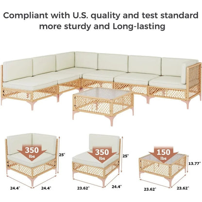 7 Piece Wicker Outdoor Patio Furniture Set with Cushions and Glass Table