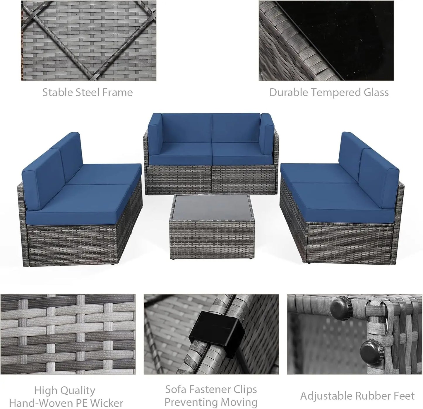 7 Piece PE Rattan Patio Furniture Set with Cushions and Table