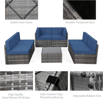 7 Piece PE Rattan Patio Furniture Set with Cushions and Table