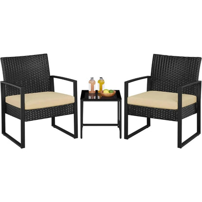 3 Piece Wicker Patio Set with Cushioned Chairs
