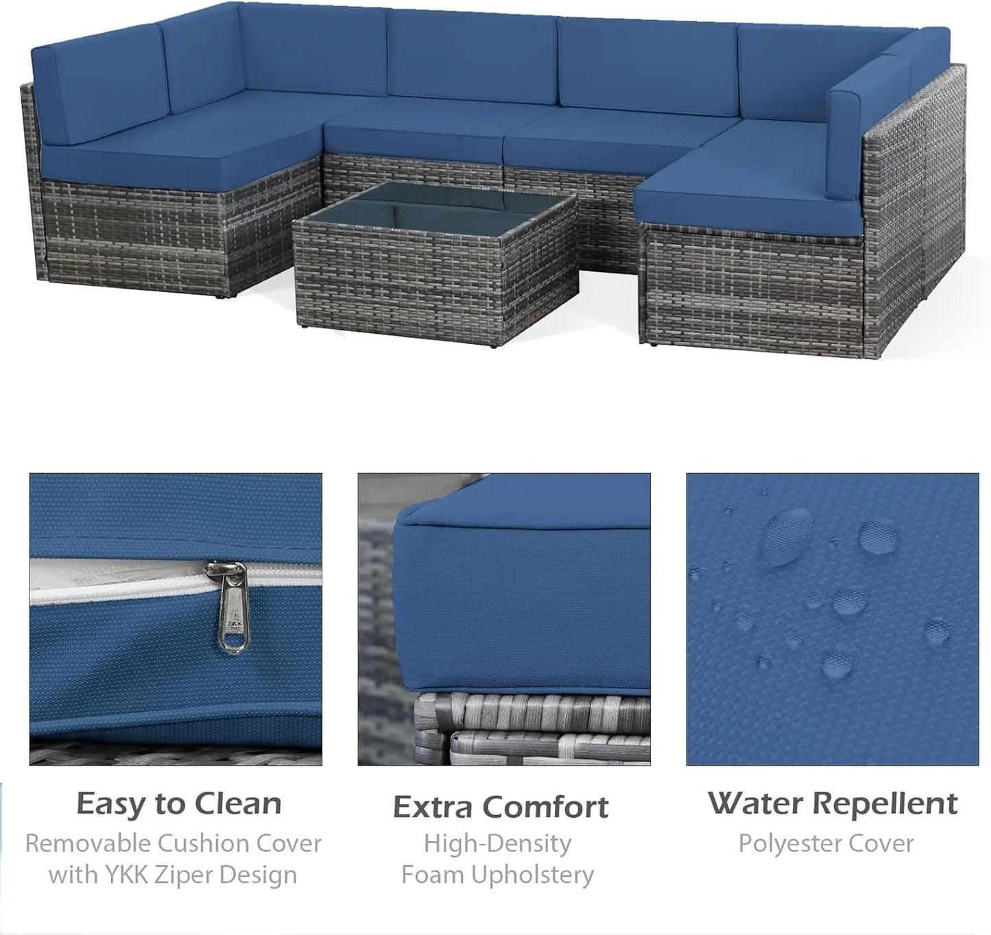 7 Piece PE Rattan Patio Furniture Set with Cushions and Table