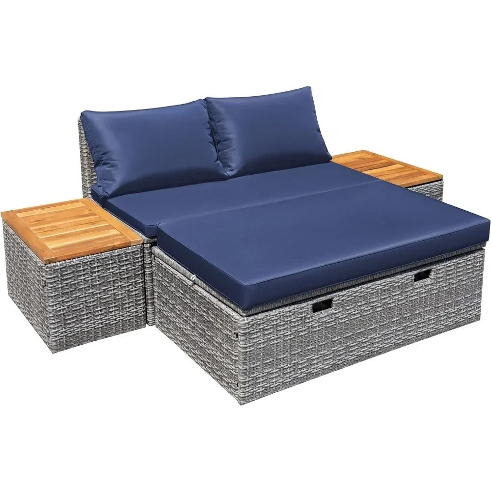 Wicker Outdoor Daybed with Storage and Side Tables