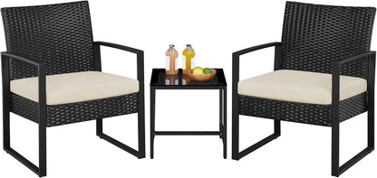3 Piece Wicker Patio Set with Cushioned Chairs