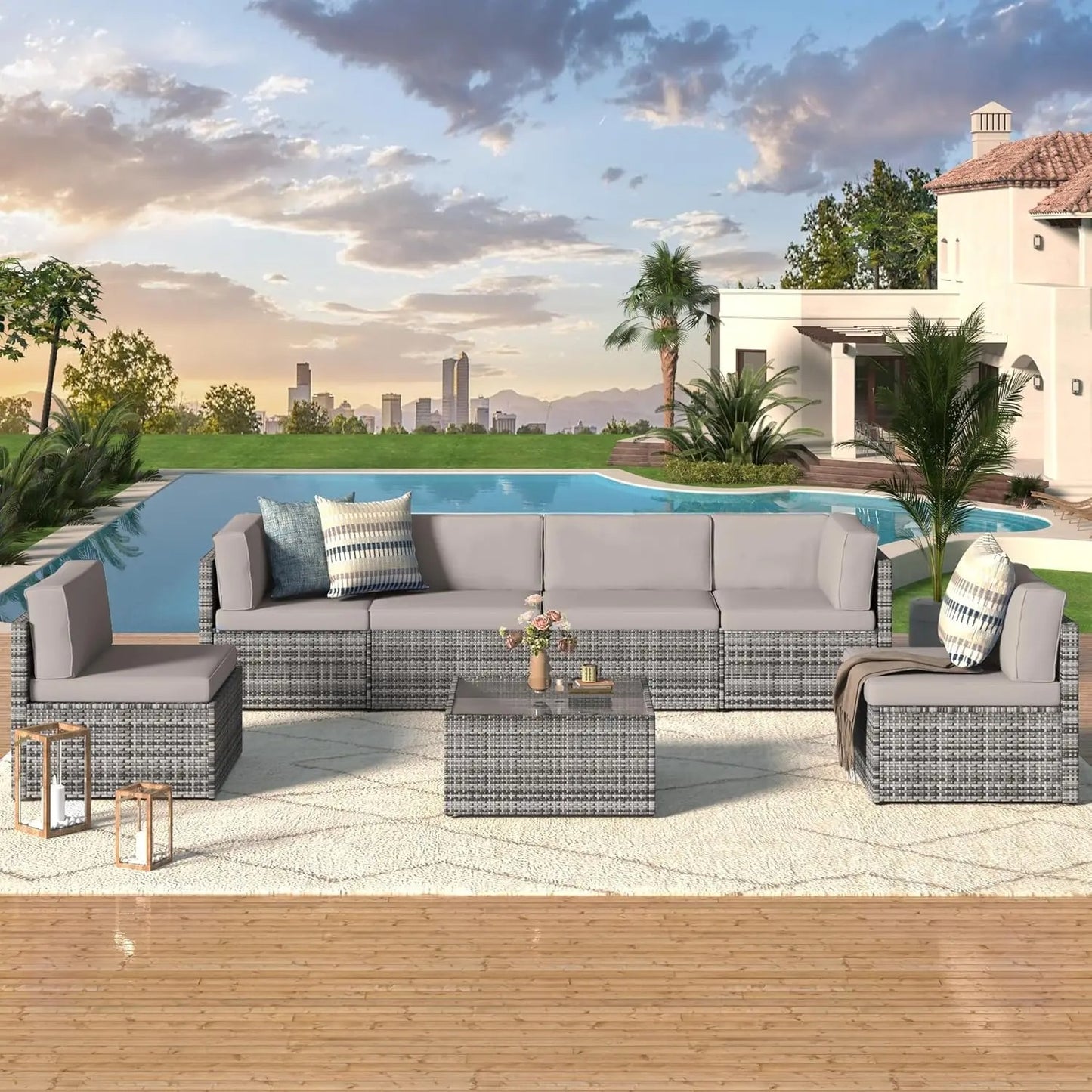7 Piece PE Rattan Patio Furniture Set with Cushions and Table