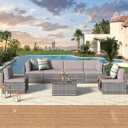 7 Piece PE Rattan Patio Furniture Set with Cushions and Table