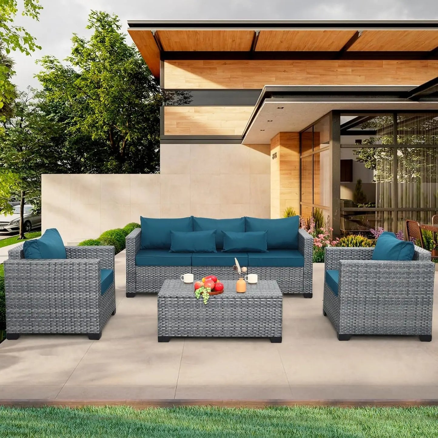 4 Piece Outdoor Furniture Set with PE Rattan Sofa and Storage Table