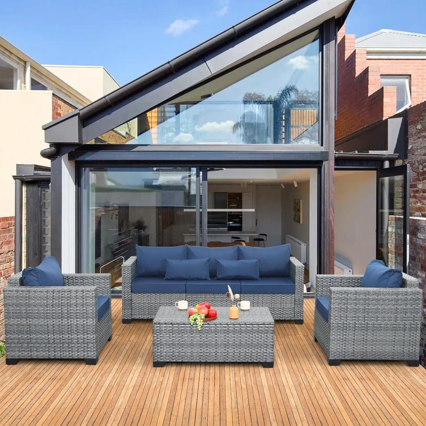 4 Piece Outdoor Furniture Set with PE Rattan Sofa and Storage Table