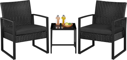 3 Piece Wicker Patio Set with Cushioned Chairs