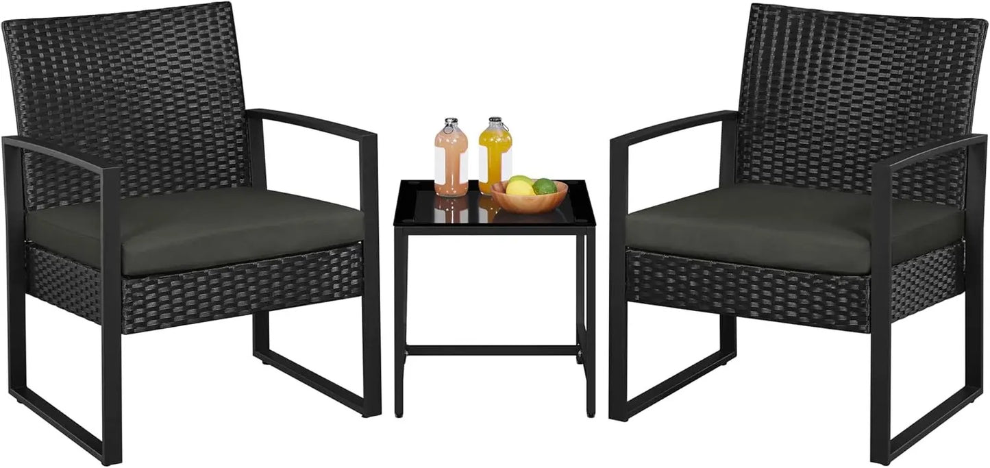 3 Piece Wicker Patio Set with Cushioned Chairs