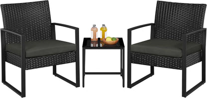 3 Piece Wicker Patio Set with Cushioned Chairs